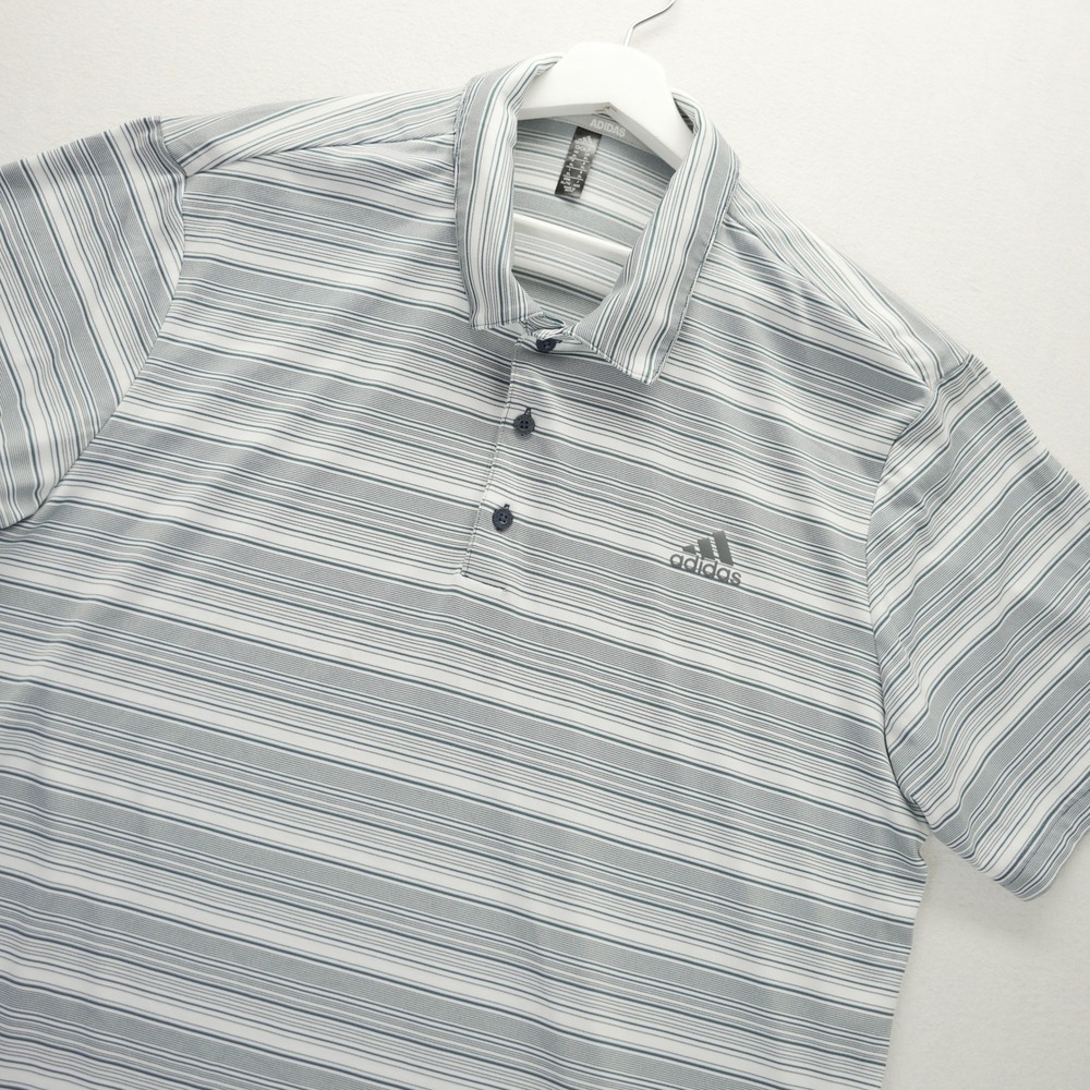 Adidas Golf Mens XL Blue White Striped Short Sleeve‎ Polo Shirt ADVR0846